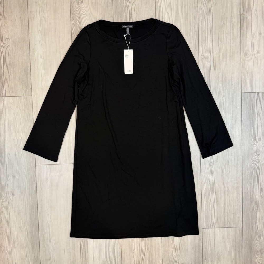 NWT Eileen Fisher Black Bateau Neck Knee Length Tencel Dress R8FTJ-D4334M Medium